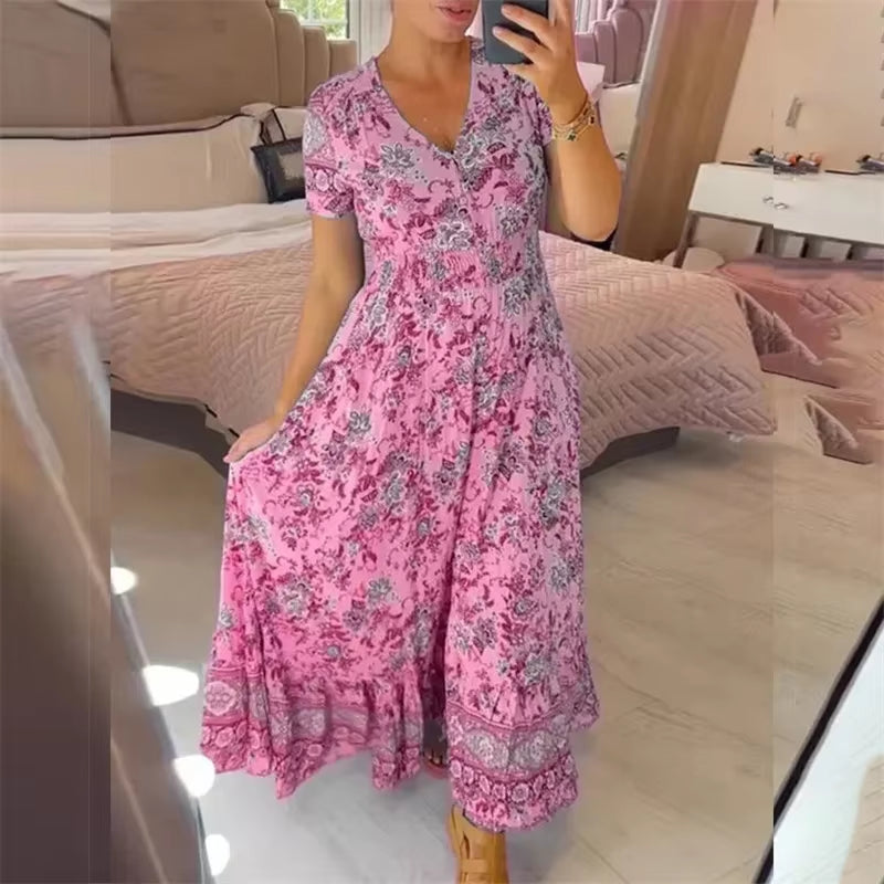 2024 Elegant Women Flower Print Deep V Neck Dresses Elastic Waist Splice Pleated Hem Dress Female Single-Breasted Cardigan Gown