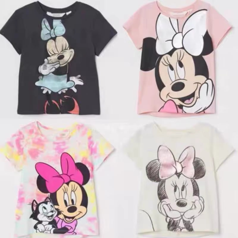 Minnie Printing T-Shirt Babies Girls O-Neck Bottoming Shirt Fashion Simple Cute Short Sleeve Tops Child Cartoon Clothes