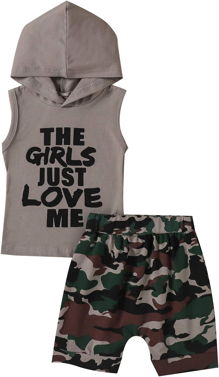 Toddler Baby Boy Summer Shorts Clothes Outfits Set, Sleeveless Hoodies Tops Camo Short 2 Pcs(Grey-The Girls Just Love Me,4 T)