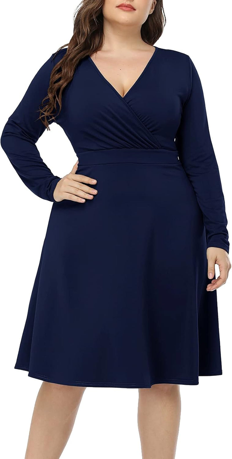 Women'S plus Size V-Neckline Stretchy Casual Long Sleeve Mini plus Size Party Dress