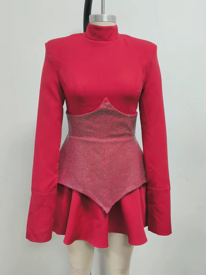 Glamour in Sparkle: Long Sleeves Waist Sparkle Diamond Mini Dress