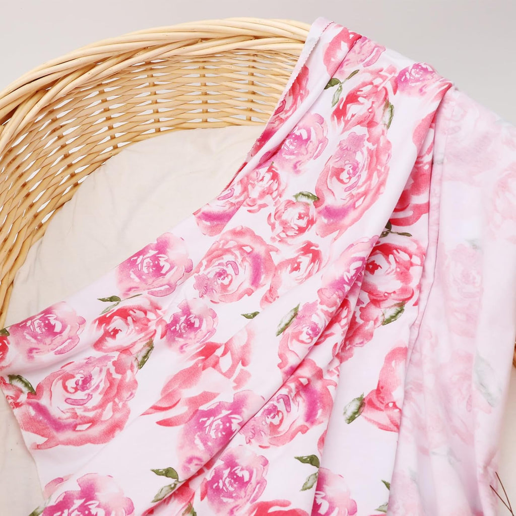 BQUBO 3 Sets Receiving Blanket with Headbands Newborn Baby Floral Printed Baby Shower Swaddle Gift