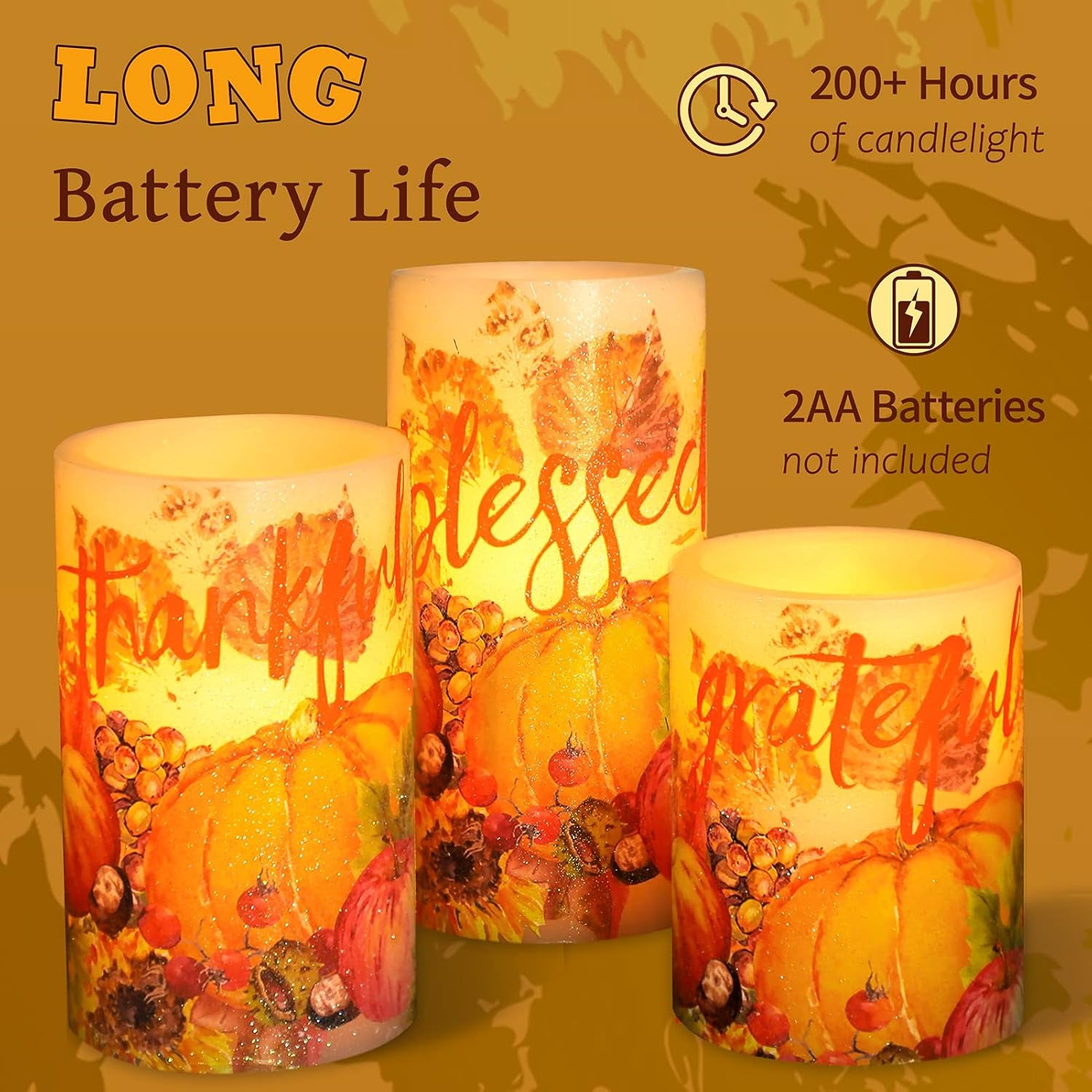 Pumpkin Flameless Candles with Remote Real Wax LED Candles - Home Party Christmas Botanical Fall Thanksgiving Decor - Set of 3