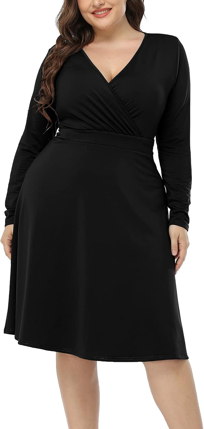 Women'S plus Size V-Neckline Stretchy Casual Long Sleeve Mini plus Size Party Dress