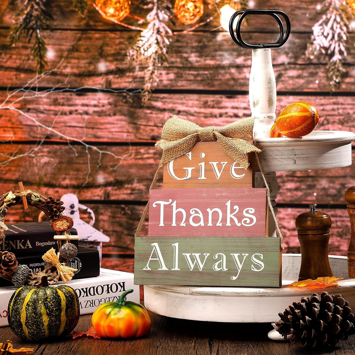 Fall Wooden Signs Thanksgiving Table Wooden Block Thanksgiving Decor Vintage Farmhouse Thanksgiving Wood Blocks for Fall Thanksgiving Decor (Thanks Series)