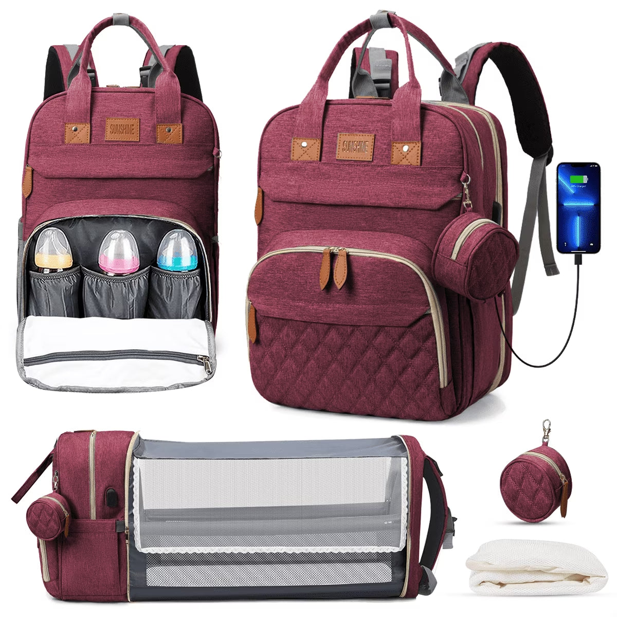 Diaper Bag Backpack, Multifunction Diaper Bag Backpack with Changing Station, USB Charging Port & Foldable Crib, Large Capacity Travel Backpack W/Sunshade&Pacifier Case&Stroller Straps(Red)