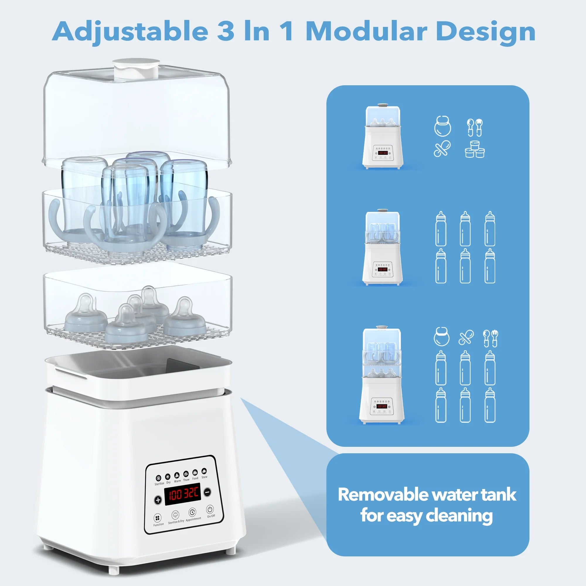 8-In-1 Bottle Sterilizer and Dryer, Electric Steam with Baby Bottle Warmer, Food Prep, White