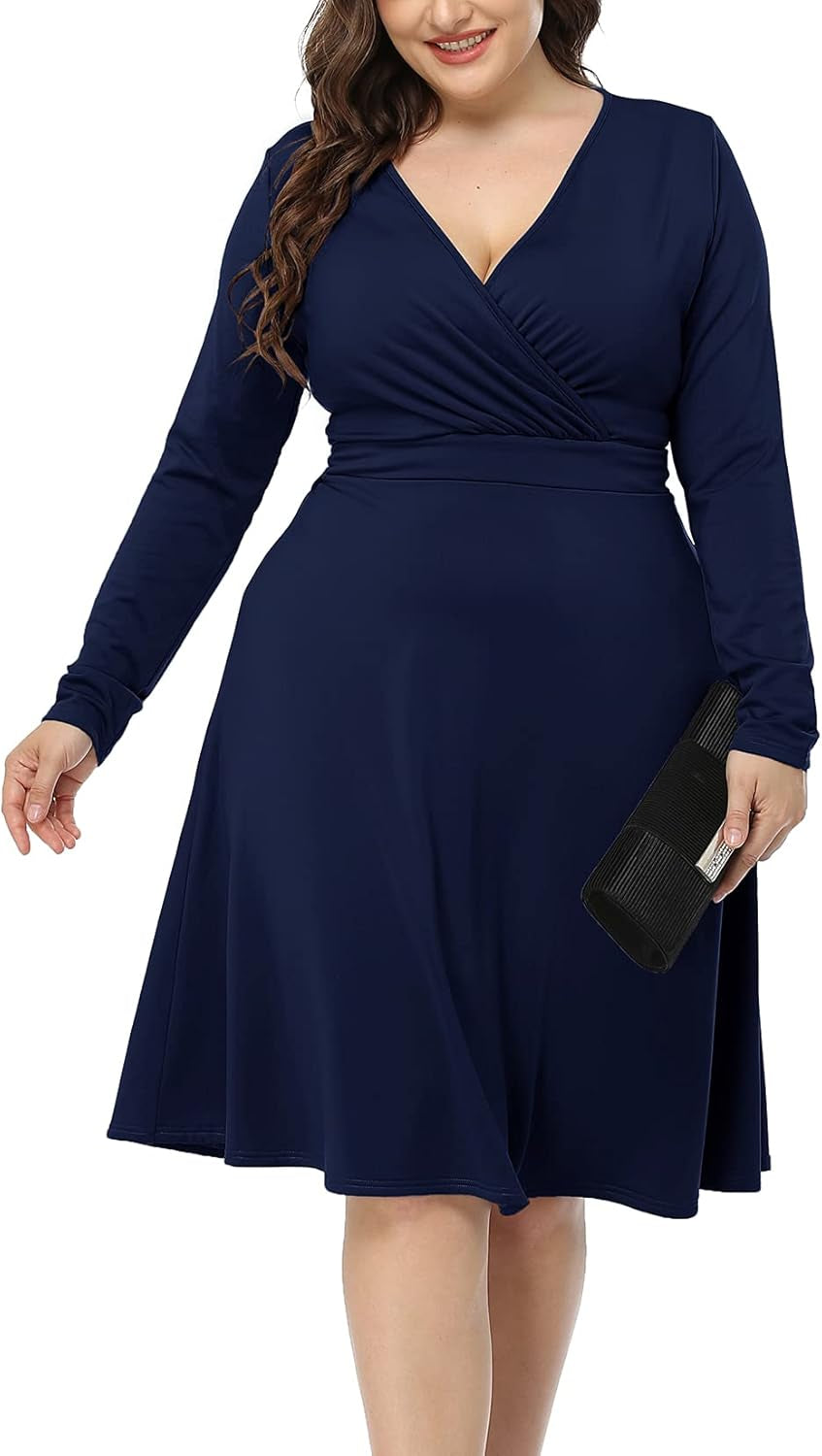 Women'S plus Size V-Neckline Stretchy Casual Long Sleeve Mini plus Size Party Dress