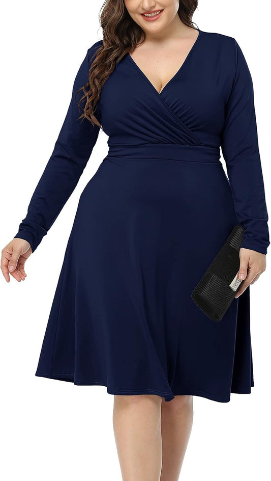 Women'S plus Size V-Neckline Stretchy Casual Long Sleeve Mini plus Size Party Dress