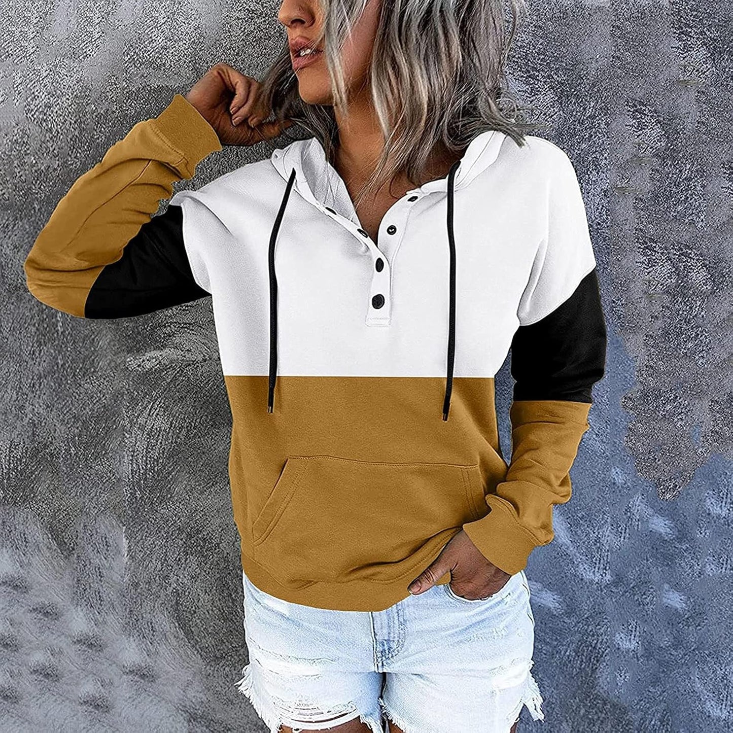 Hoodies for Women Pullover Design Fashion Casual Plain Color Long Sleeve Shirts Button up Fall Sweaters with Pockets