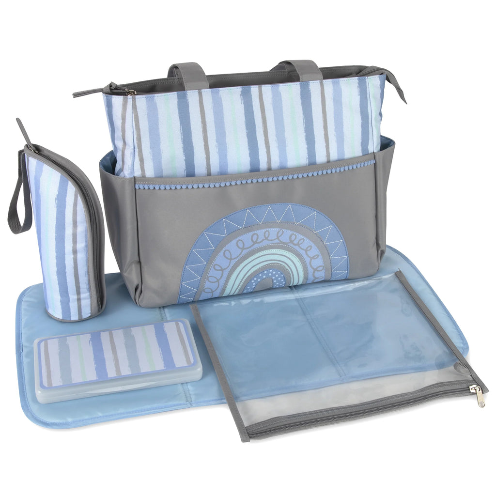 14.5"L Rainbow 5 Piece Multi-Pocket Diaper Bag Tote with Matching Changing Pad, Baby Wipes Case, Insulated Bottle Bag & Organizer Pouch for Newborns, Infants & Toddlers in Blue & Gray