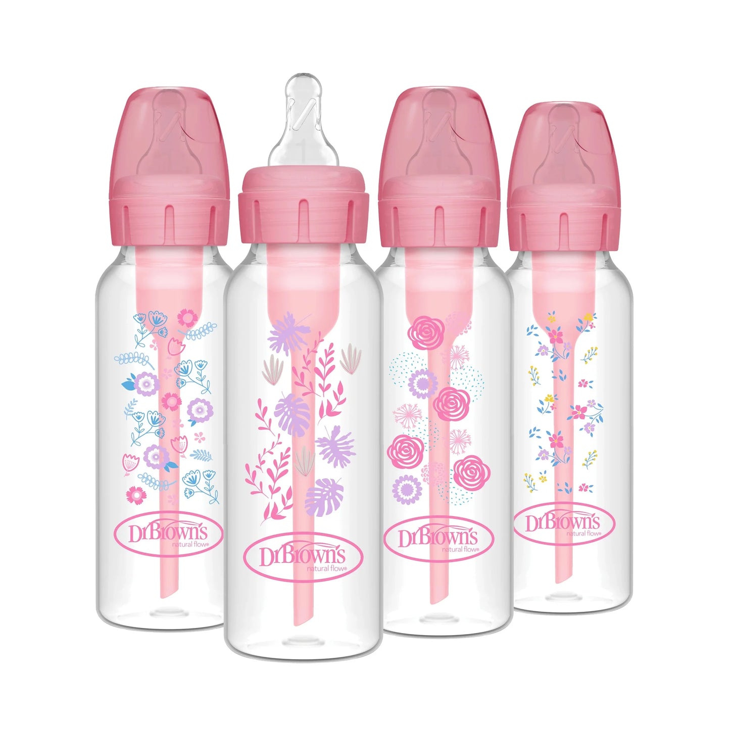 Anti-Colic Options+ Narrow Baby Bottle, Pink Floral, 8Oz, 0M+, 4 Pack