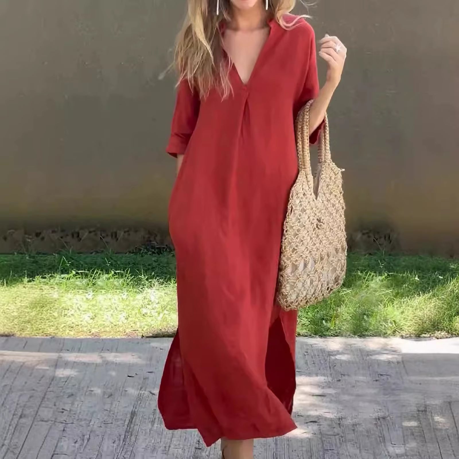 Breezy Elegance™ Summer Cotton Linen Dress – Casual V-Neck, Flowy Fit, Plus Size Comfort for Women