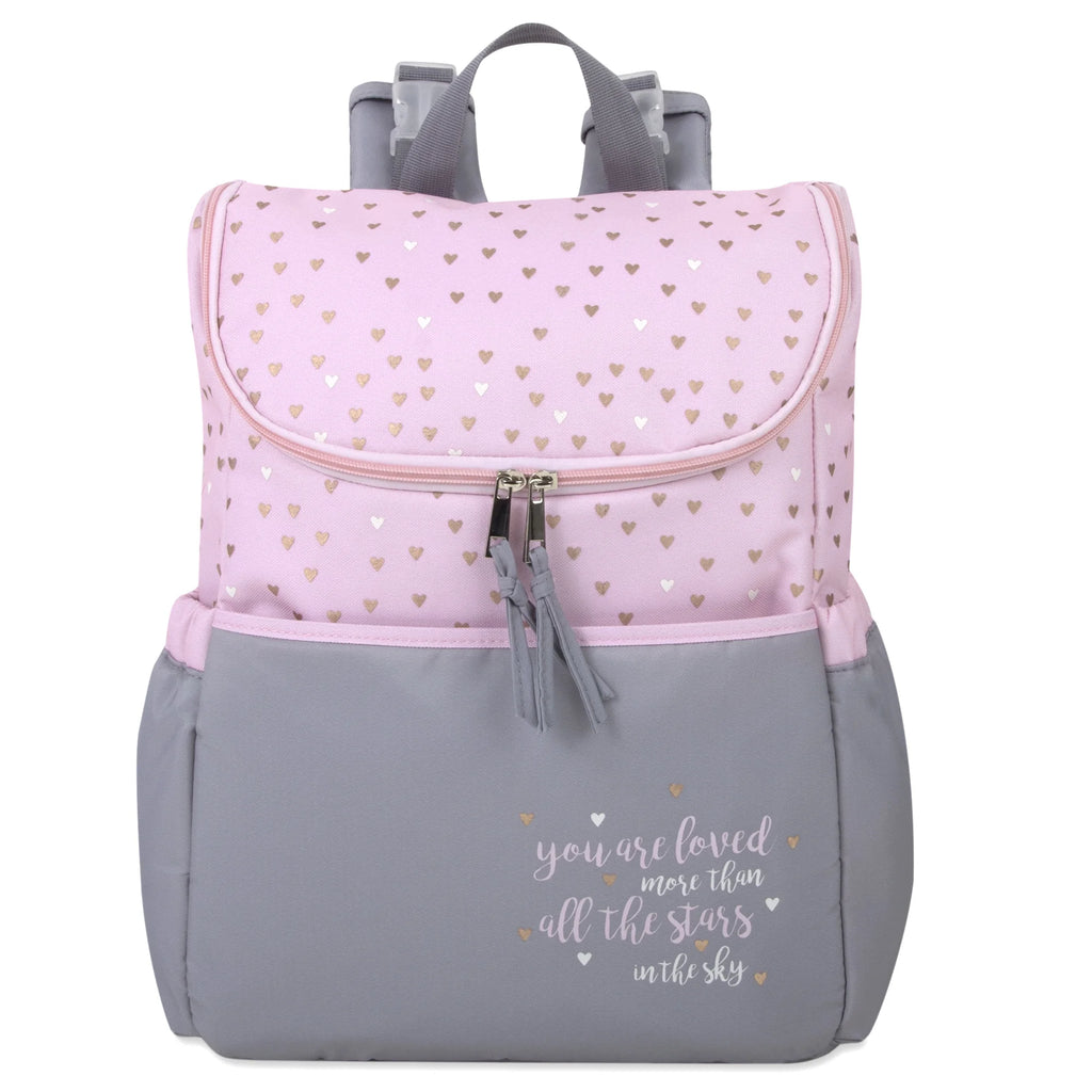 15.5”L 5 Piece Multi-Pocket Diaper Bag Backpack with Matching Changing Pad, Wipes Case, Insulated Bottle Bag & Organizer Pouch for Newborns, Infants & Toddlers in Pink & Gray Hearts