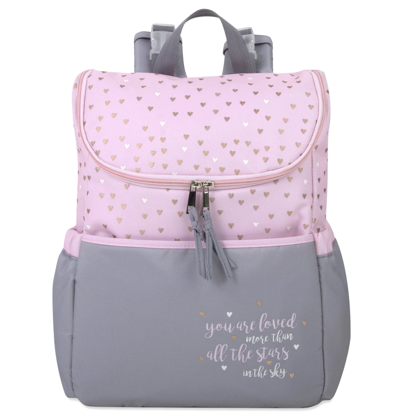 15.5”L 5 Piece Multi-Pocket Diaper Bag Backpack with Matching Changing Pad, Wipes Case, Insulated Bottle Bag & Organizer Pouch for Newborns, Infants & Toddlers in Pink & Gray Hearts