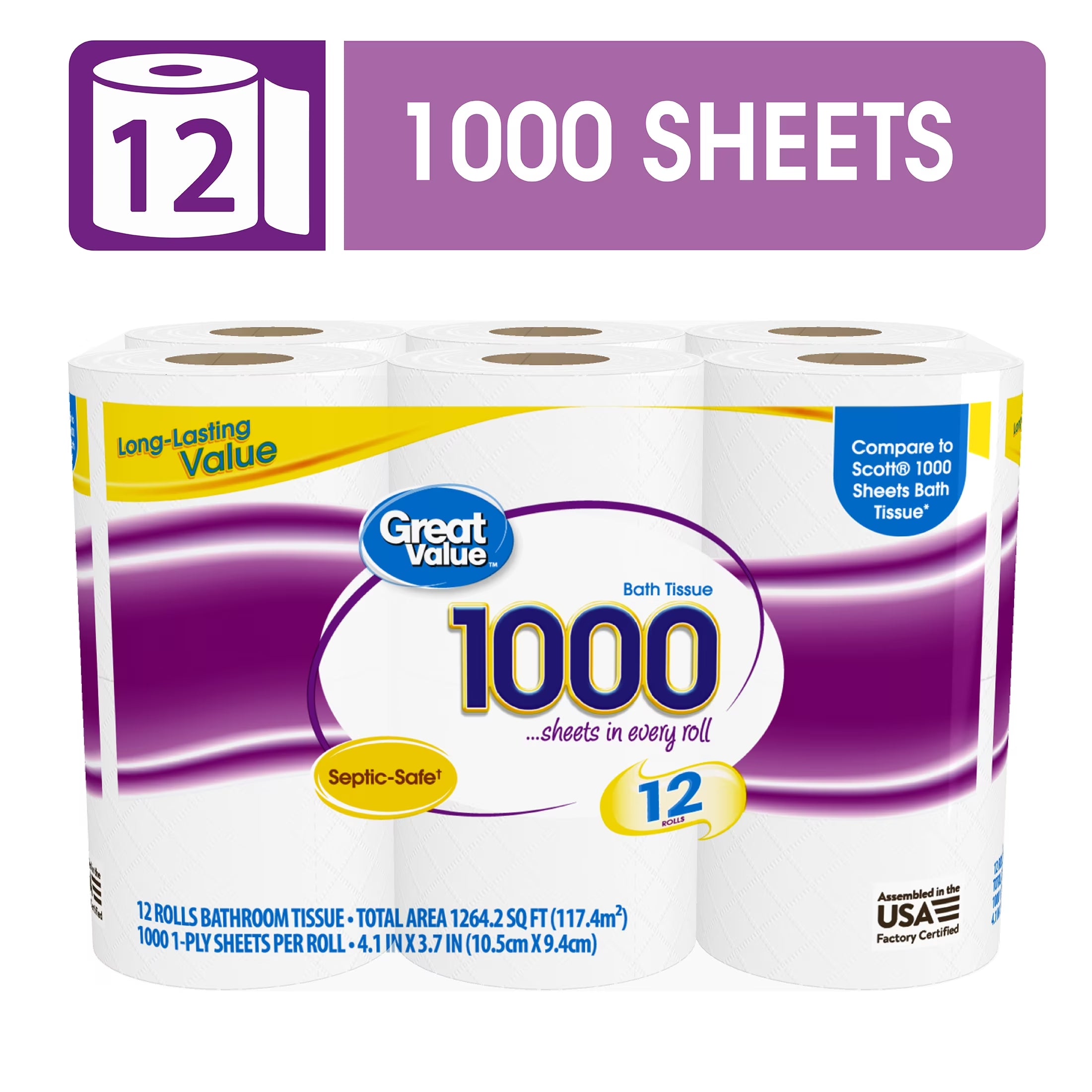 1000 Sheets per Roll Toilet Paper, 12 Rolls, Compare to Scott® 1000 Sheets Bath Tissue
