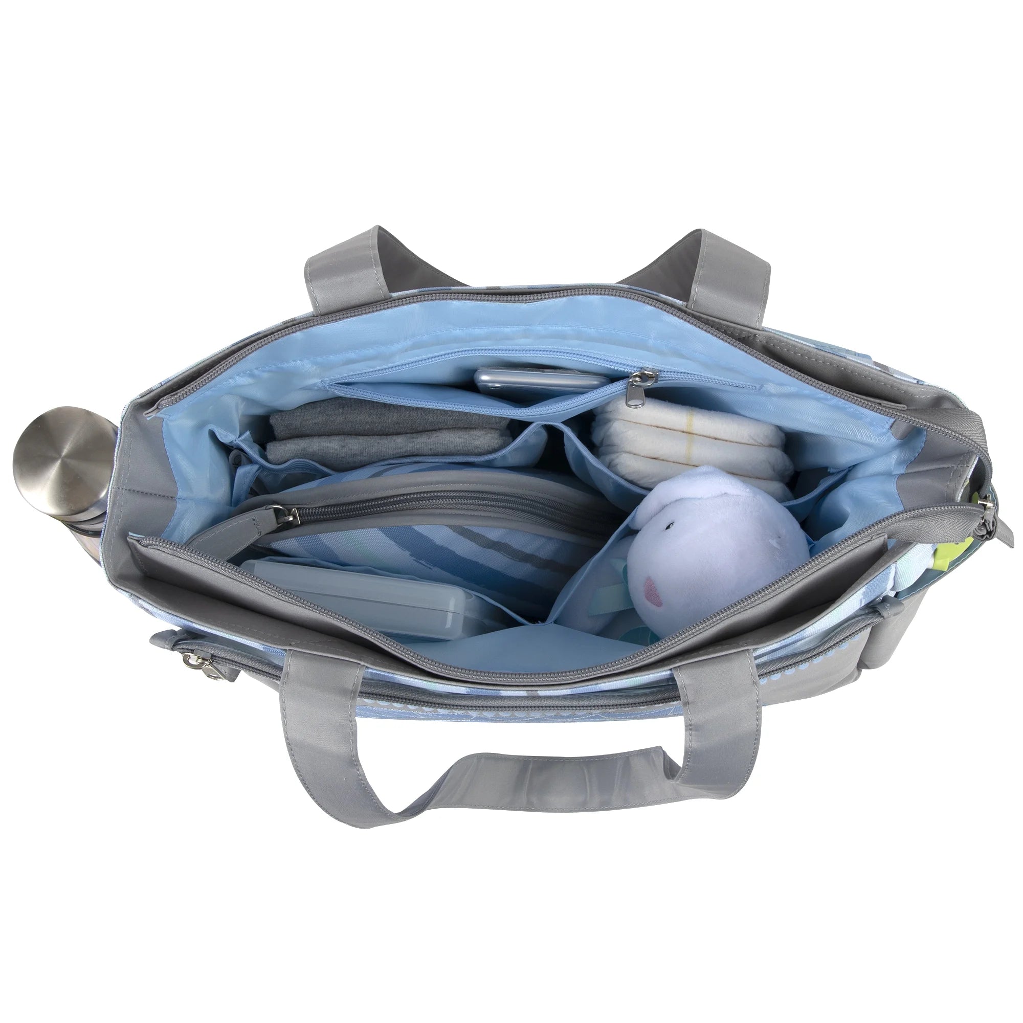 14.5"L Rainbow 5 Piece Multi-Pocket Diaper Bag Tote with Matching Changing Pad, Baby Wipes Case, Insulated Bottle Bag & Organizer Pouch for Newborns, Infants & Toddlers in Blue & Gray