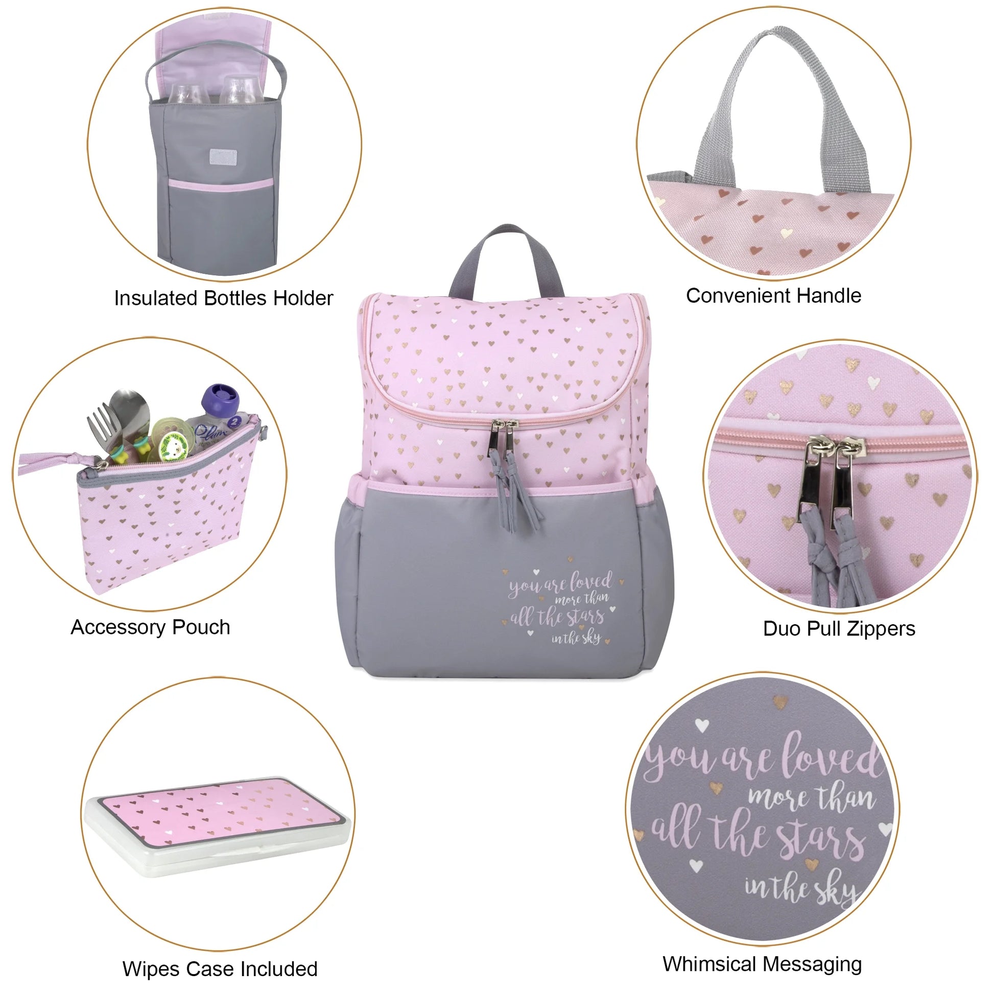 15.5”L 5 Piece Multi-Pocket Diaper Bag Backpack with Matching Changing Pad, Wipes Case, Insulated Bottle Bag & Organizer Pouch for Newborns, Infants & Toddlers in Pink & Gray Hearts
