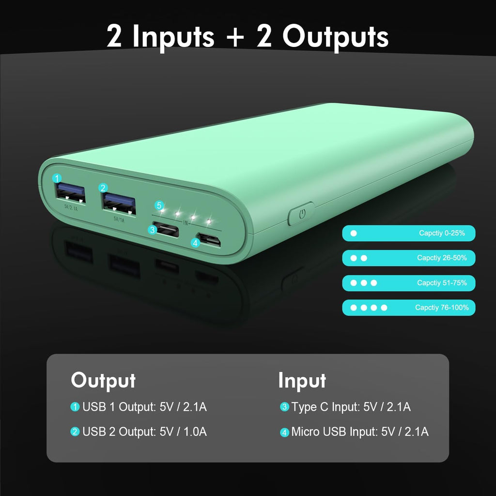 26800Mah Portable Charger Power Bank, Dual USB W/Usb-C Fast Charging Battery Pack Charger for Iphone 16 15 14 11 Pro Max XS XR, Ipad,Airpods,Samsung S22 S23, Google Pixel 6, Android Phone Etc-Green