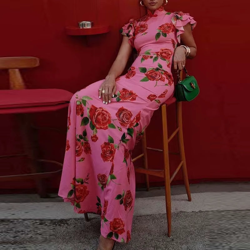 Breezy Elegance: Summer Ruffled Short Sleeved Slim Long Dress