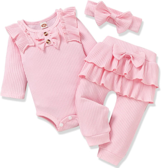 Preemie Newborn Infant Baby Girls Clothes Ribbed Bodysuit Pants Set Fall Winter Outfits
