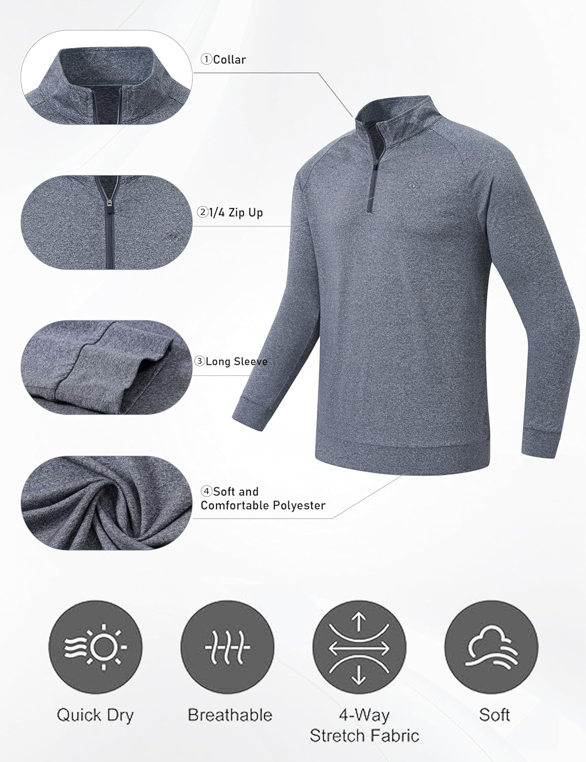Men'S Long Sleeve Shirts Quarter Zip Pullover Men'S Polo Shirts Quick Dry