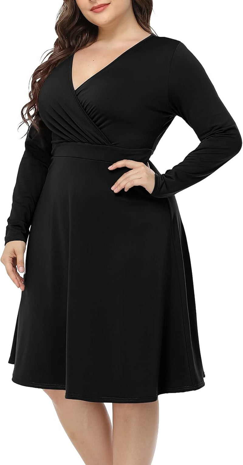 Women'S plus Size V-Neckline Stretchy Casual Long Sleeve Mini plus Size Party Dress