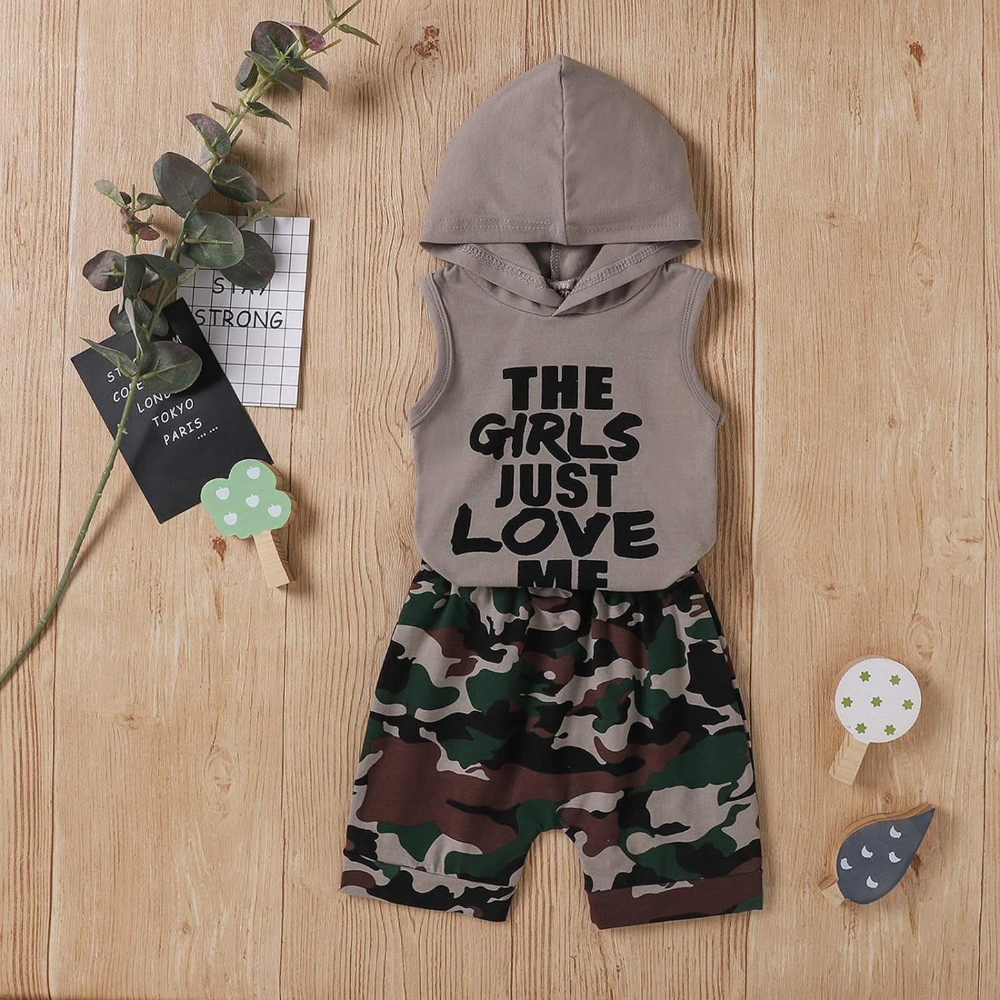 Toddler Baby Boy Summer Shorts Clothes Outfits Set, Sleeveless Hoodies Tops Camo Short 2 Pcs(Grey-The Girls Just Love Me,4 T)