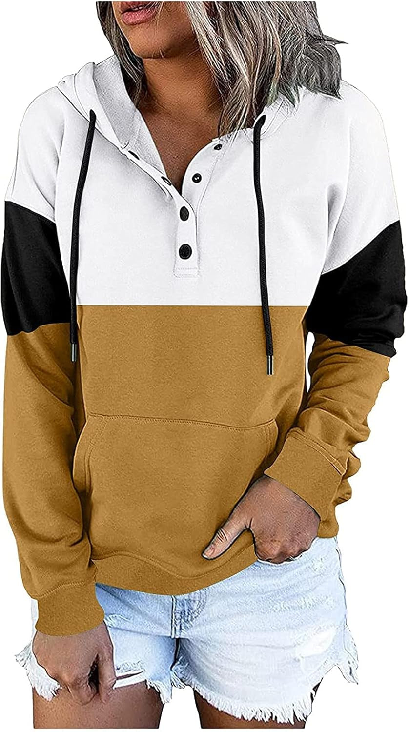 Hoodies for Women Pullover Design Fashion Casual Plain Color Long Sleeve Shirts Button up Fall Sweaters with Pockets