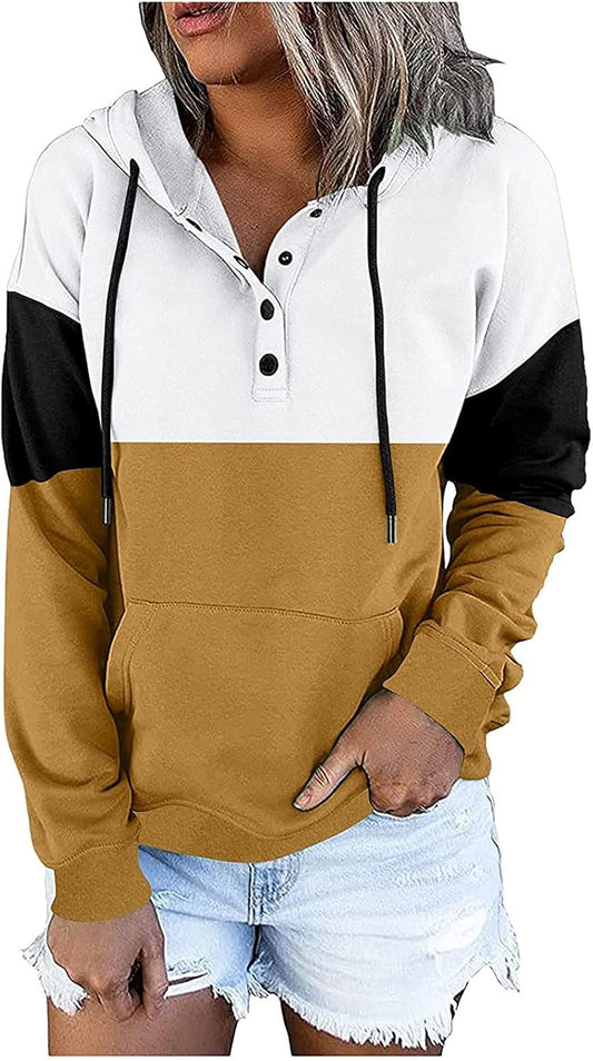 Hoodies for Women Pullover Design Fashion Casual Plain Color Long Sleeve Shirts Button up Fall Sweaters with Pockets