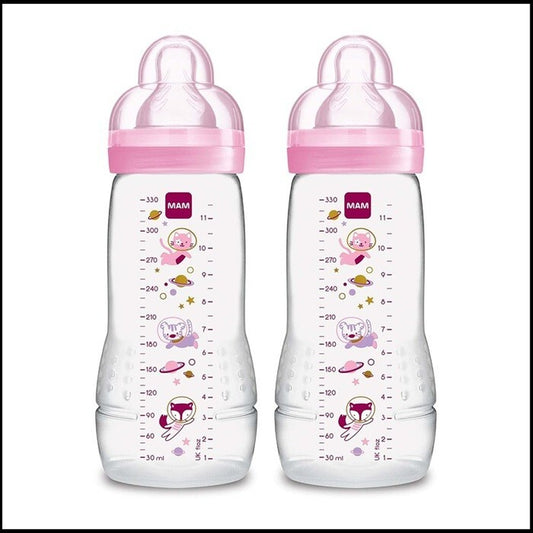 MAM Easy Active Bottle 11 Oz 2-Count, Fast Flow Baby Bottles with Silicone 4+