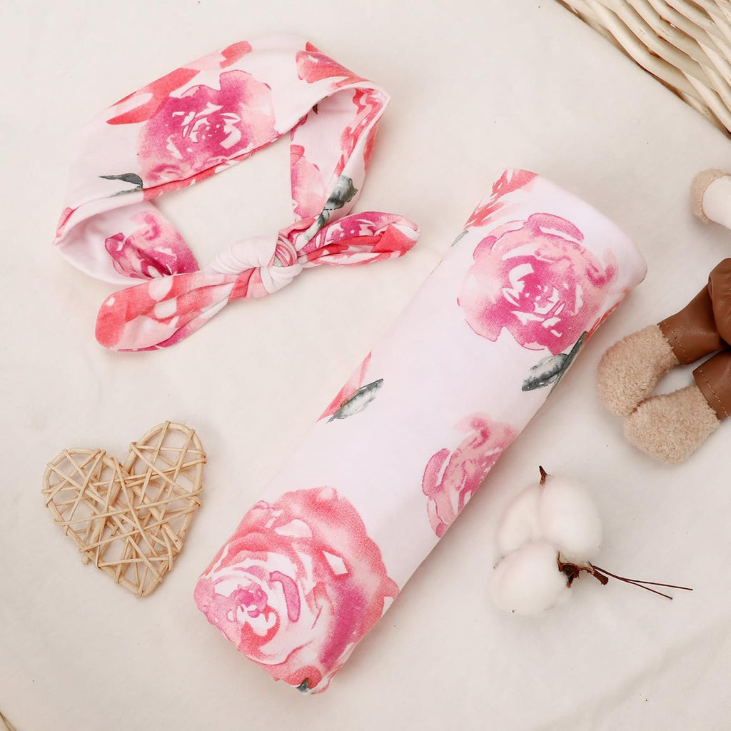 BQUBO 3 Sets Receiving Blanket with Headbands Newborn Baby Floral Printed Baby Shower Swaddle Gift