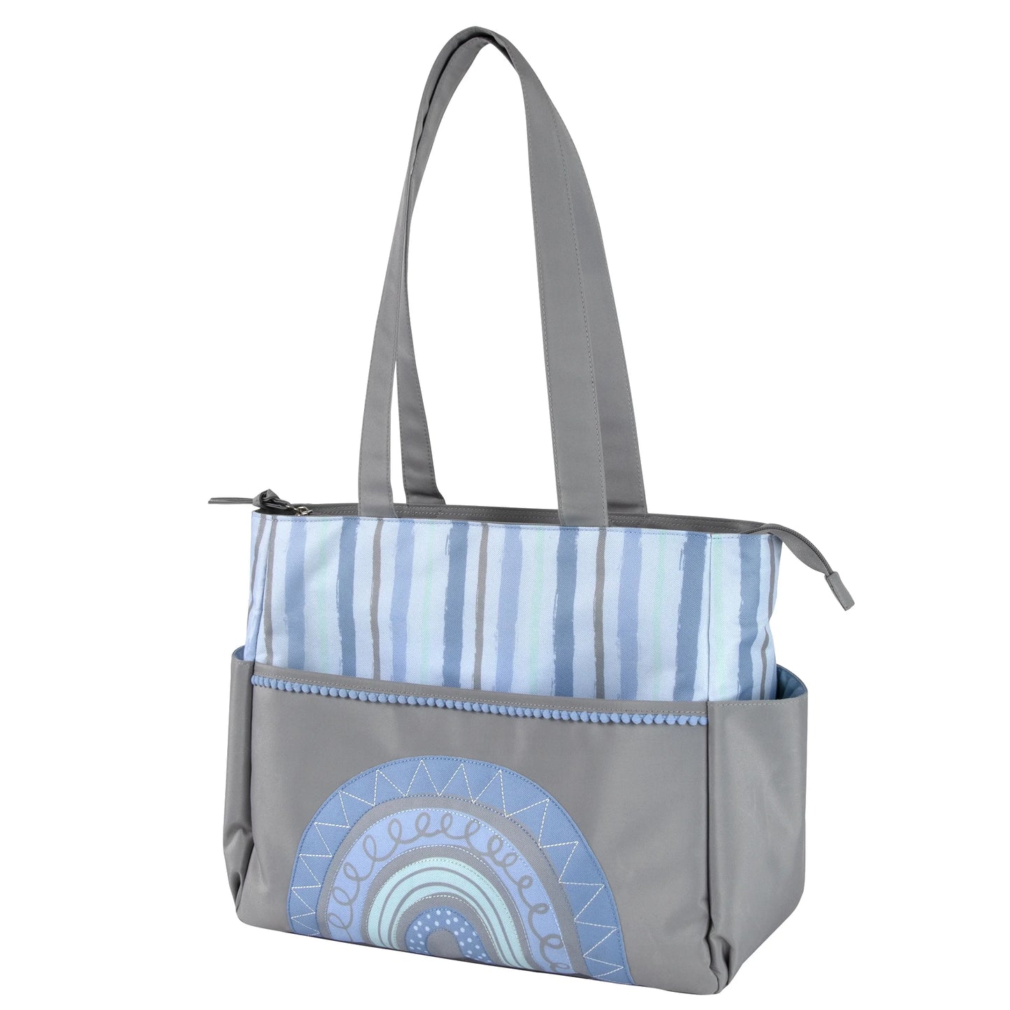 14.5"L Rainbow 5 Piece Multi-Pocket Diaper Bag Tote with Matching Changing Pad, Baby Wipes Case, Insulated Bottle Bag & Organizer Pouch for Newborns, Infants & Toddlers in Blue & Gray