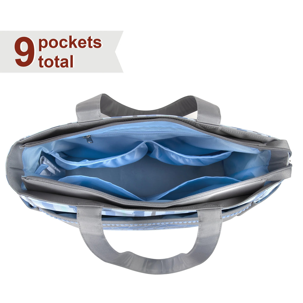 14.5"L Rainbow 5 Piece Multi-Pocket Diaper Bag Tote with Matching Changing Pad, Baby Wipes Case, Insulated Bottle Bag & Organizer Pouch for Newborns, Infants & Toddlers in Blue & Gray