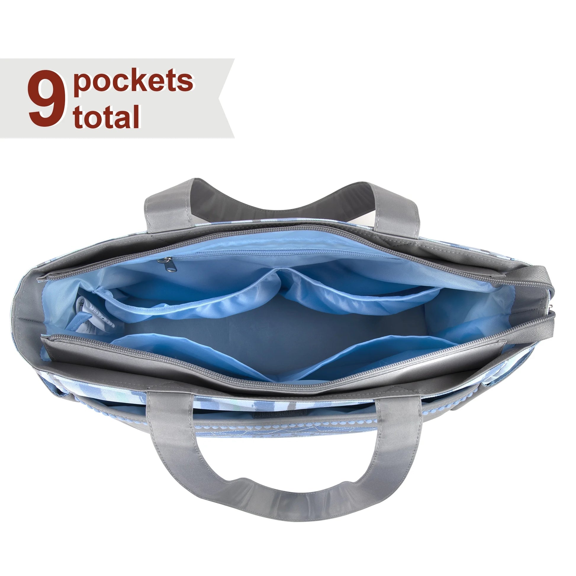 14.5"L Rainbow 5 Piece Multi-Pocket Diaper Bag Tote with Matching Changing Pad, Baby Wipes Case, Insulated Bottle Bag & Organizer Pouch for Newborns, Infants & Toddlers in Blue & Gray