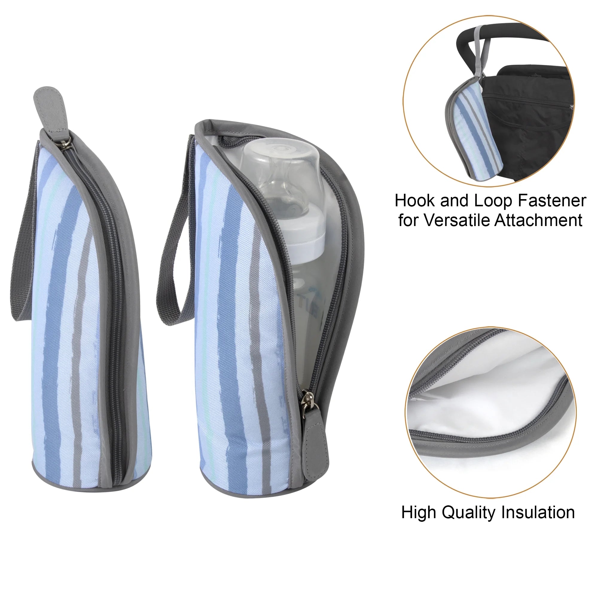 14.5"L Rainbow 5 Piece Multi-Pocket Diaper Bag Tote with Matching Changing Pad, Baby Wipes Case, Insulated Bottle Bag & Organizer Pouch for Newborns, Infants & Toddlers in Blue & Gray