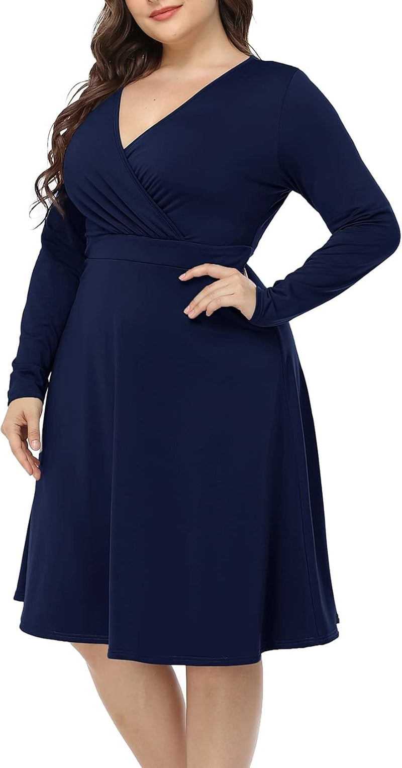 Women'S plus Size V-Neckline Stretchy Casual Long Sleeve Mini plus Size Party Dress