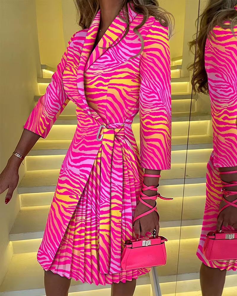 Velvet Dusk: Autumn V-Neck Cinched Waist Printed Dress