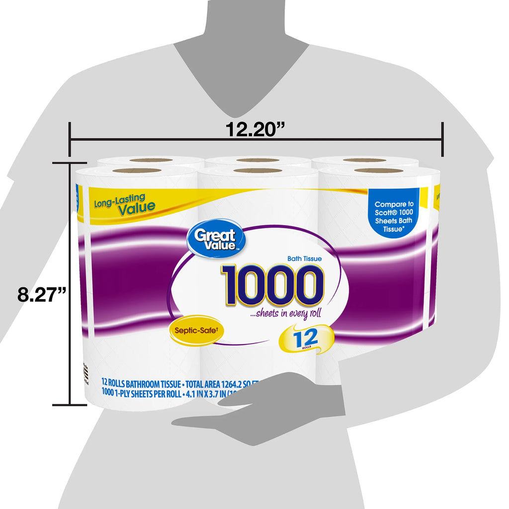 1000 Sheets per Roll Toilet Paper, 12 Rolls, Compare to Scott® 1000 Sheets Bath Tissue