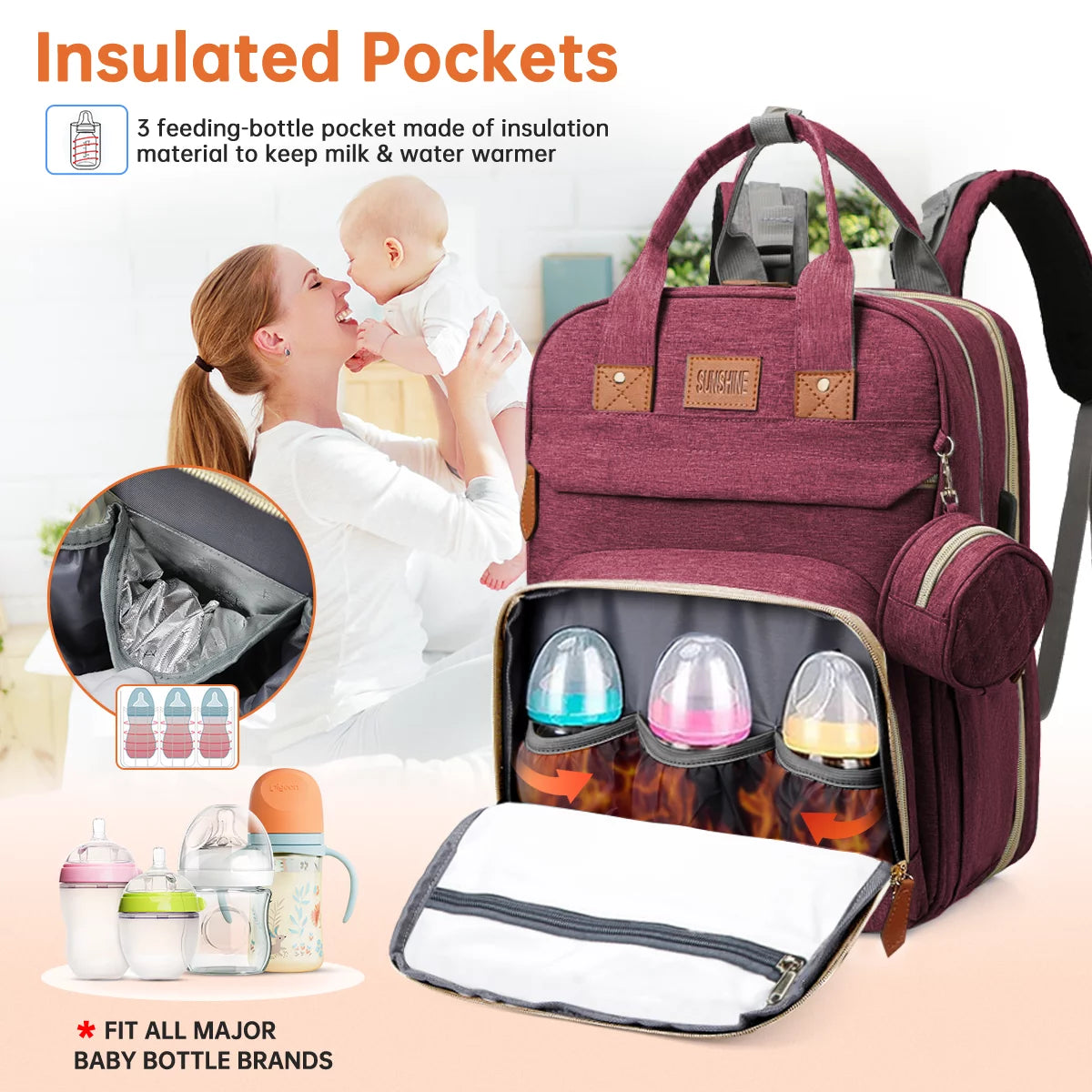 Diaper Bag Backpack, Multifunction Diaper Bag Backpack with Changing Station, USB Charging Port & Foldable Crib, Large Capacity Travel Backpack W/Sunshade&Pacifier Case&Stroller Straps(Red)