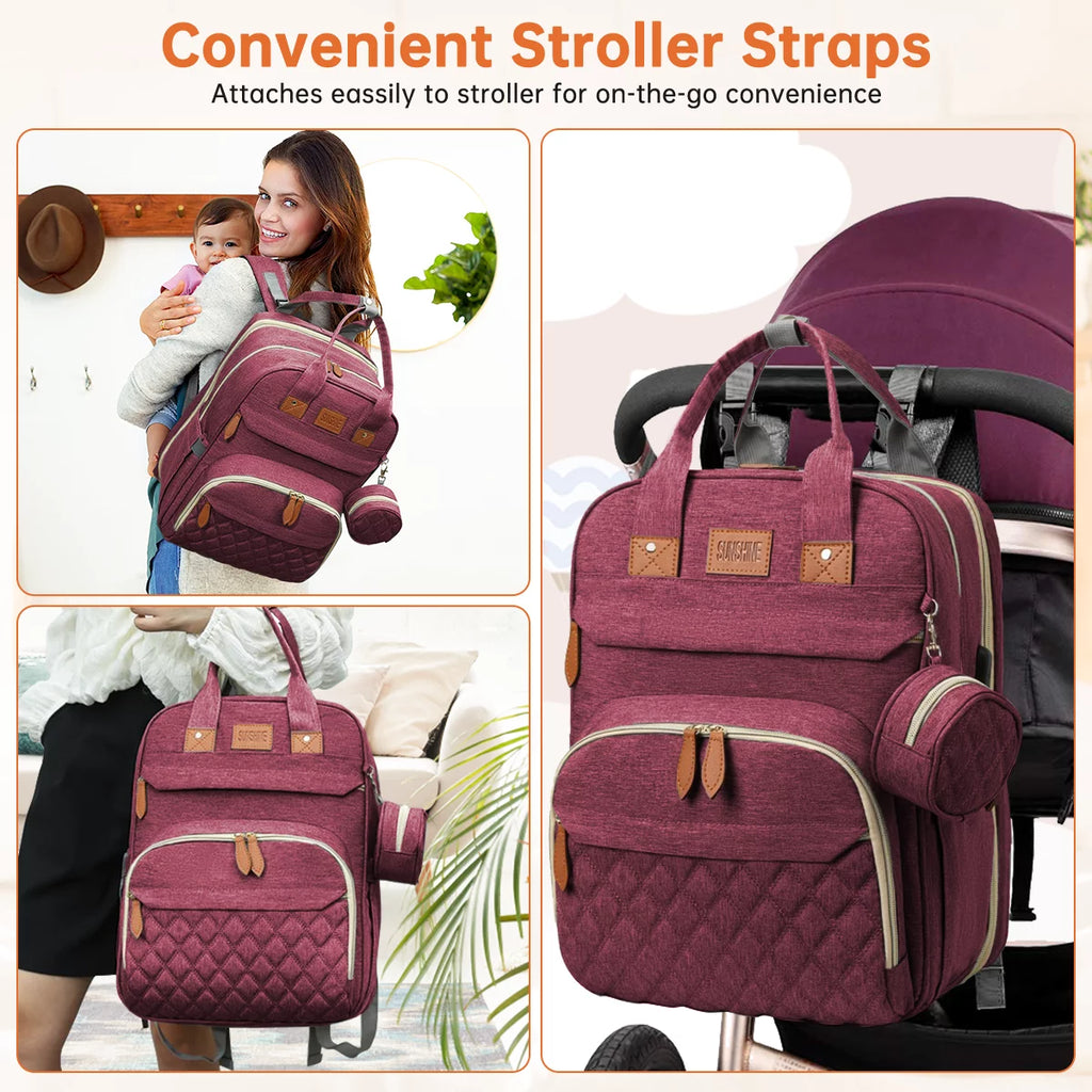 Diaper Bag Backpack, Multifunction Diaper Bag Backpack with Changing Station, USB Charging Port & Foldable Crib, Large Capacity Travel Backpack W/Sunshade&Pacifier Case&Stroller Straps(Red)