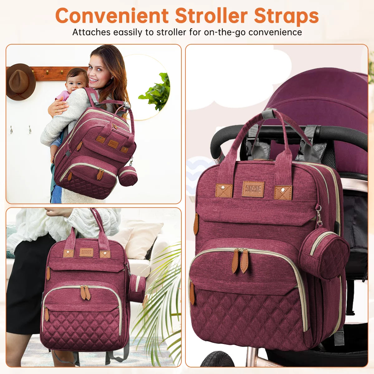 Diaper Bag Backpack, Multifunction Diaper Bag Backpack with Changing Station, USB Charging Port & Foldable Crib, Large Capacity Travel Backpack W/Sunshade&Pacifier Case&Stroller Straps(Red)