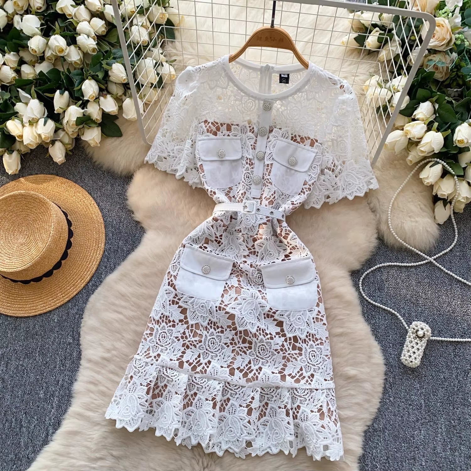Elegant Summer Lace Dress for Women with Floral Embroidery, Diamond Buttons, Belted Waist, and Ruffle