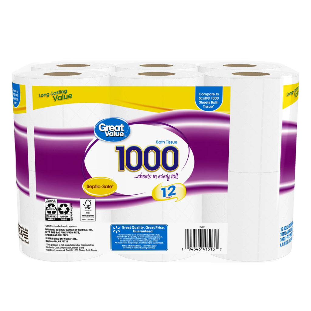 1000 Sheets per Roll Toilet Paper, 12 Rolls, Compare to Scott® 1000 Sheets Bath Tissue