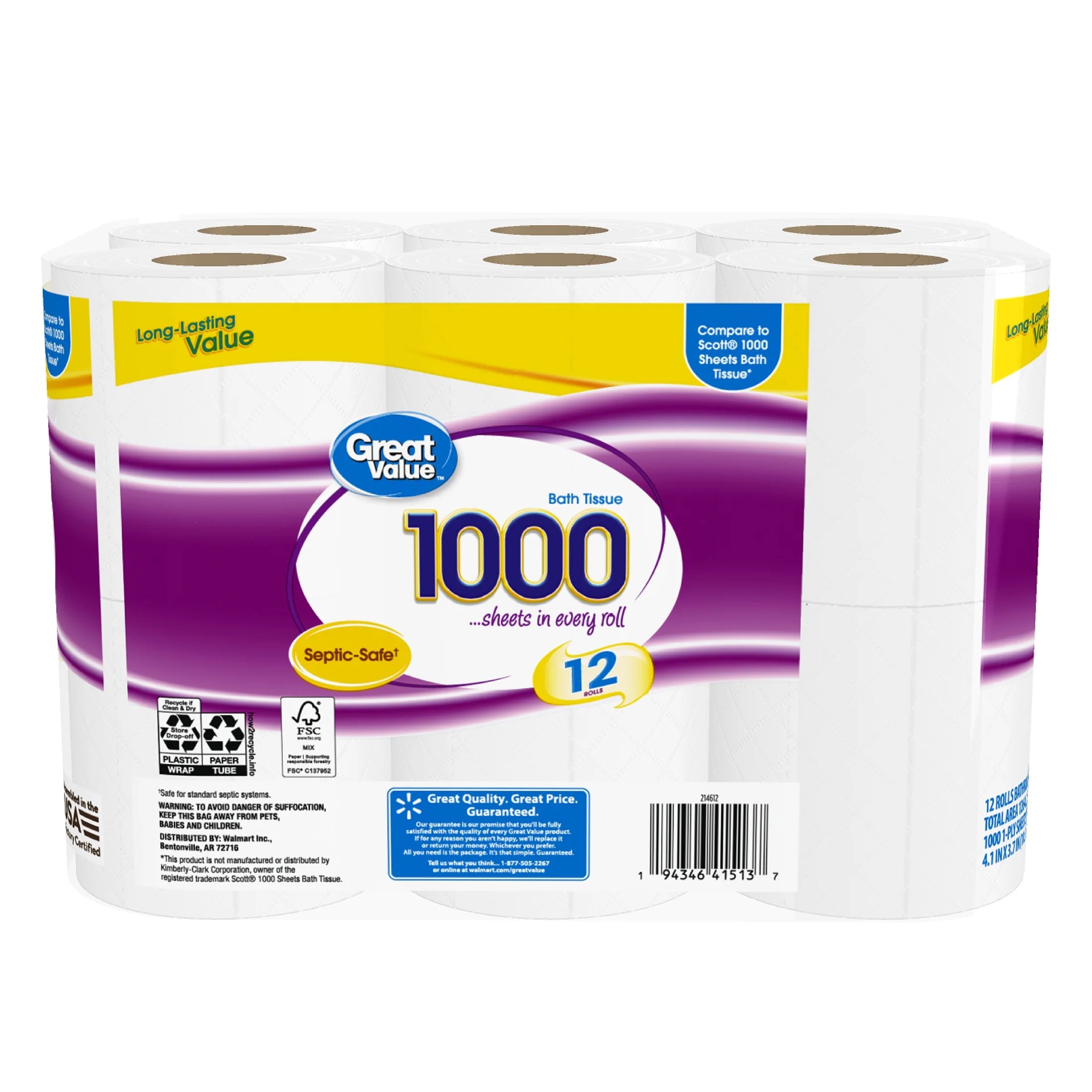 1000 Sheets per Roll Toilet Paper, 12 Rolls, Compare to Scott® 1000 Sheets Bath Tissue