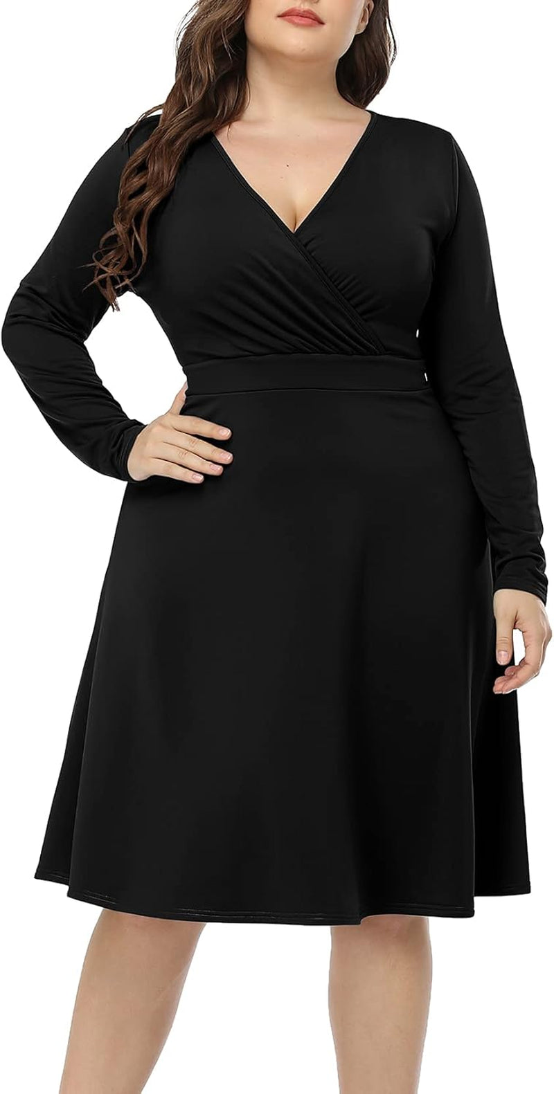Women'S plus Size V-Neckline Stretchy Casual Long Sleeve Mini plus Size Party Dress