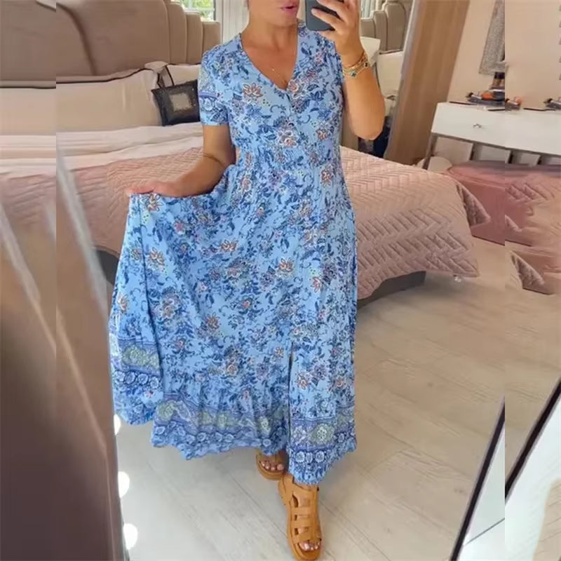 Floral Allure: Elegant Women’s Flower Print Deep V-Neck Dress