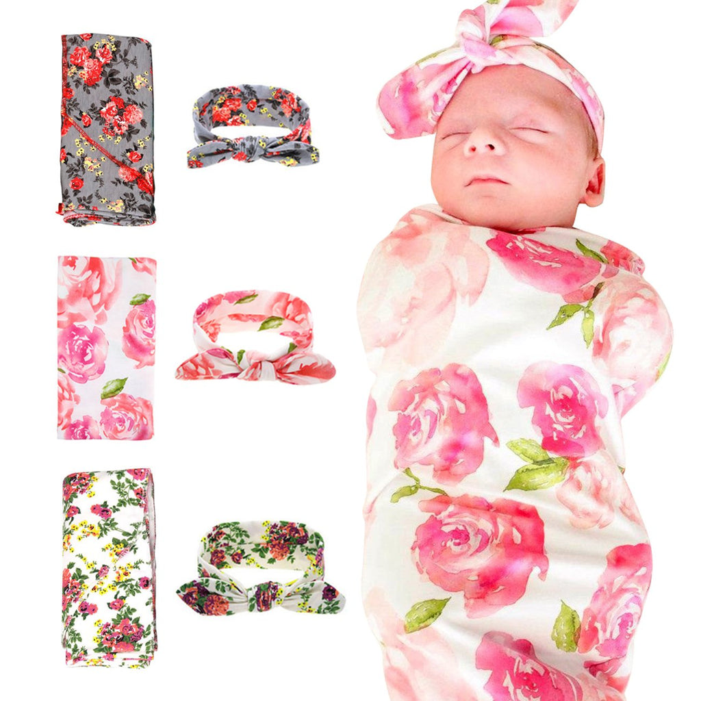 BQUBO 3 Sets Receiving Blanket with Headbands Newborn Baby Floral Printed Baby Shower Swaddle Gift