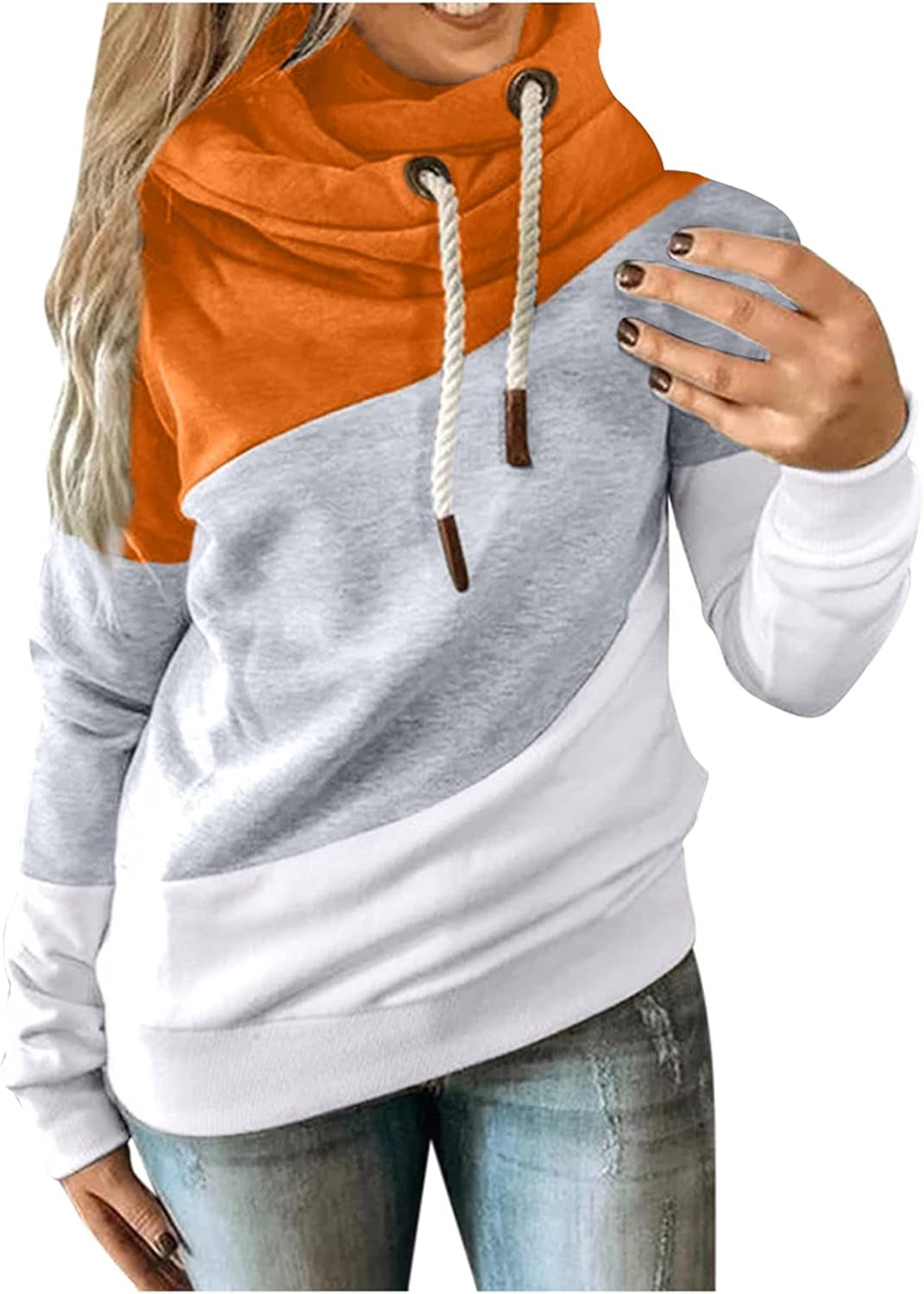 Women Color Block Sweatshirts Turtleneck Pullovers Sweater High Neck Tops Autumn Winter Hoodies Coat