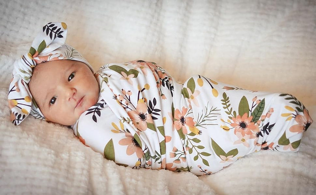 BQUBO 3 Sets Receiving Blanket with Headbands Newborn Baby Floral Printed Baby Shower Swaddle Gift